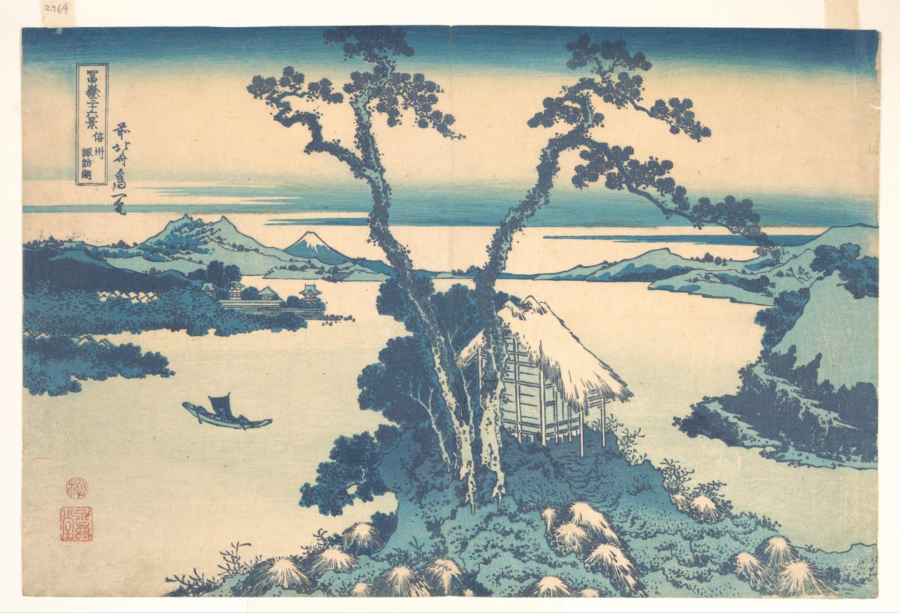 Suwa-sjön i provinsen Shinano (Shinshū Suwako), ur serien ”De trettiosex vyerna av berget Fuji” (Fugaku sanjūrokkei) av Katsushika Hokusai