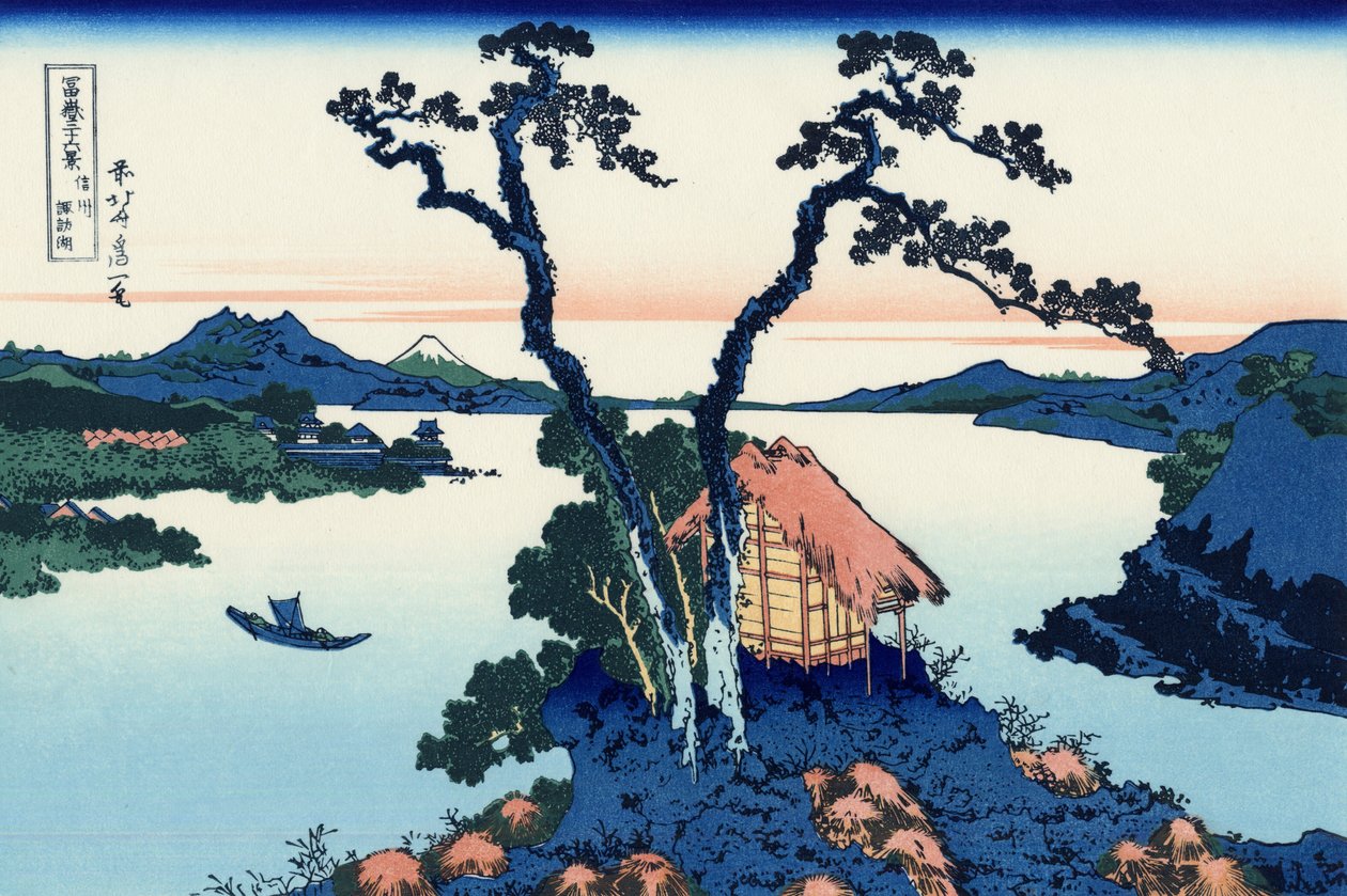 Lake Suwa i Shinano-provinsen, ca 1830 (träblockstryck) av Katsushika Hokusai