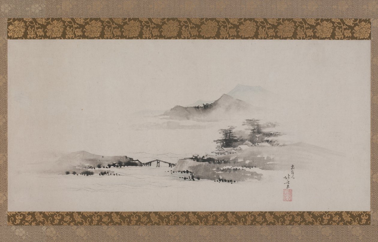 Landskap, Edo-period, ca 1801-02 (bläck och färg på papper monterad som hängande rulle) av Katsushika Hokusai