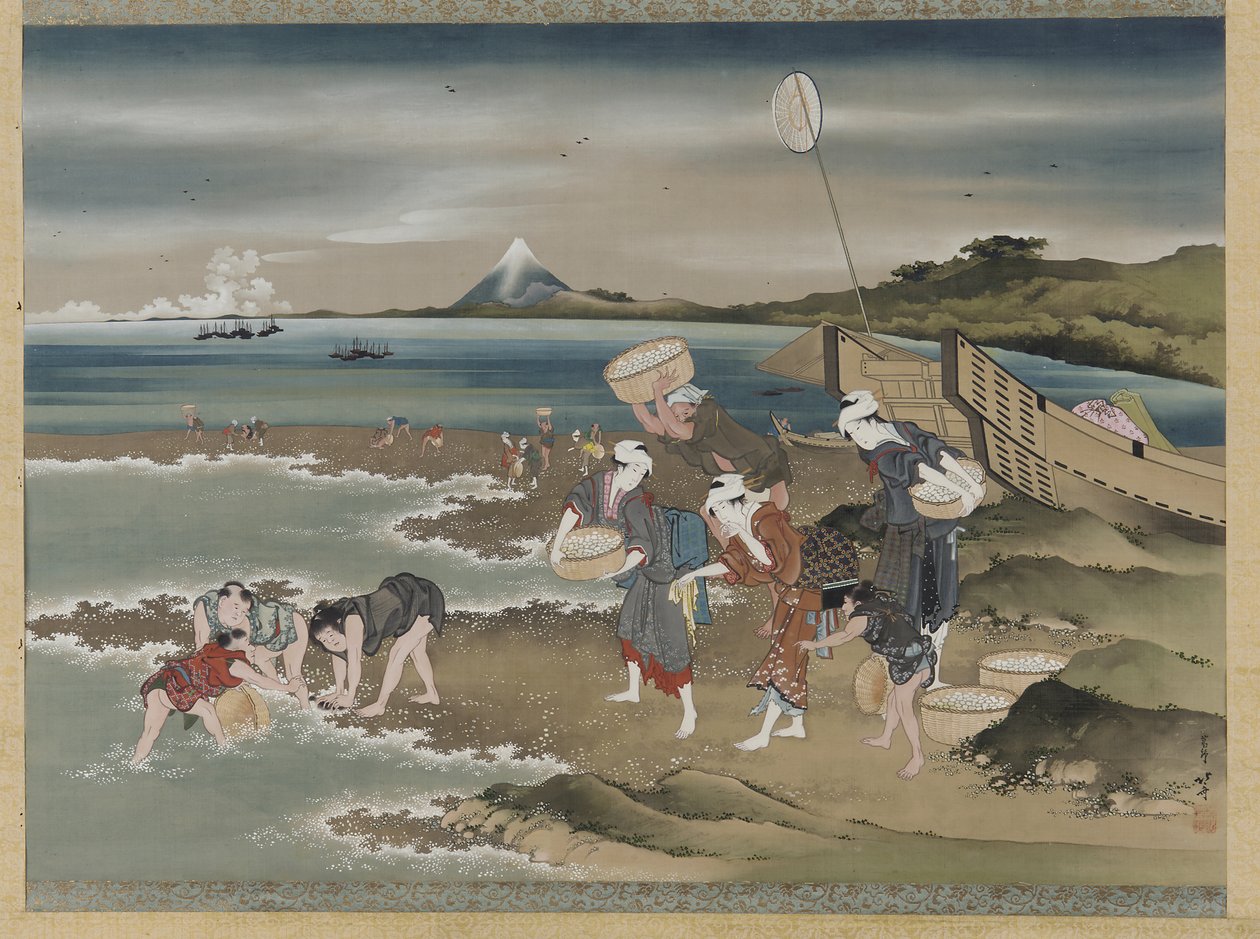 Landskap: musslor samlare på stranden (bläck & färg på siden) av Katsushika Hokusai