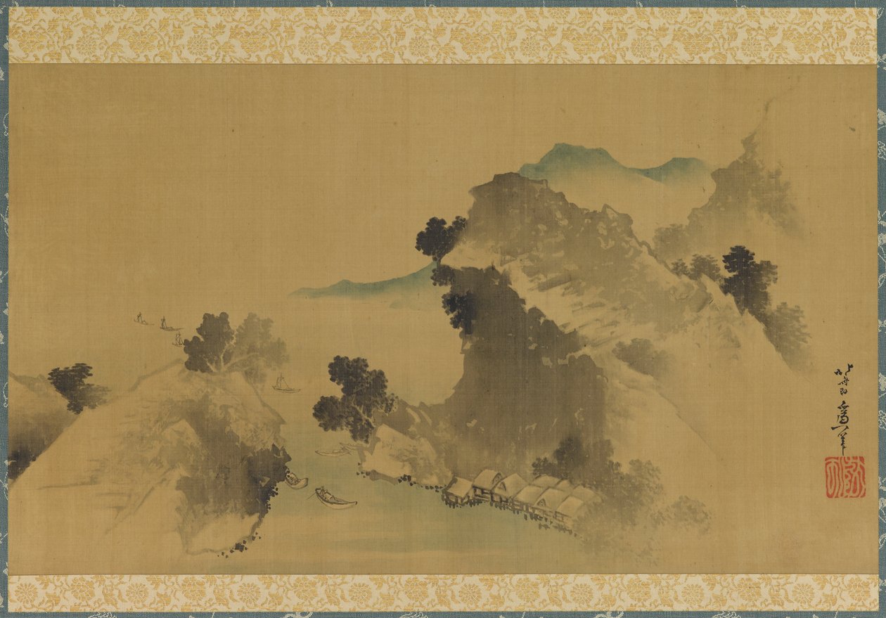 Landskap: berg, bäck och båtar, sent 1700-tidigt 1800-tal. av Katsushika Hokusai