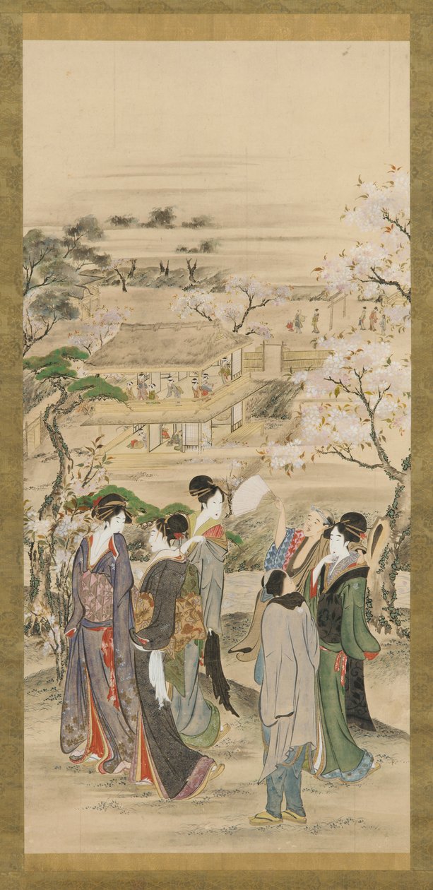 Landskap: fester av män och kvinnor som tittar på körsbärsblommor, sent 1700-tidigt 1800-tal. av Katsushika Hokusai