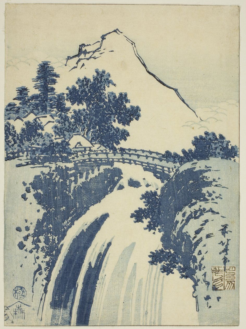 Landskap med vattenfall, från en serie chubantryck utan titel av Katsushika Hokusai