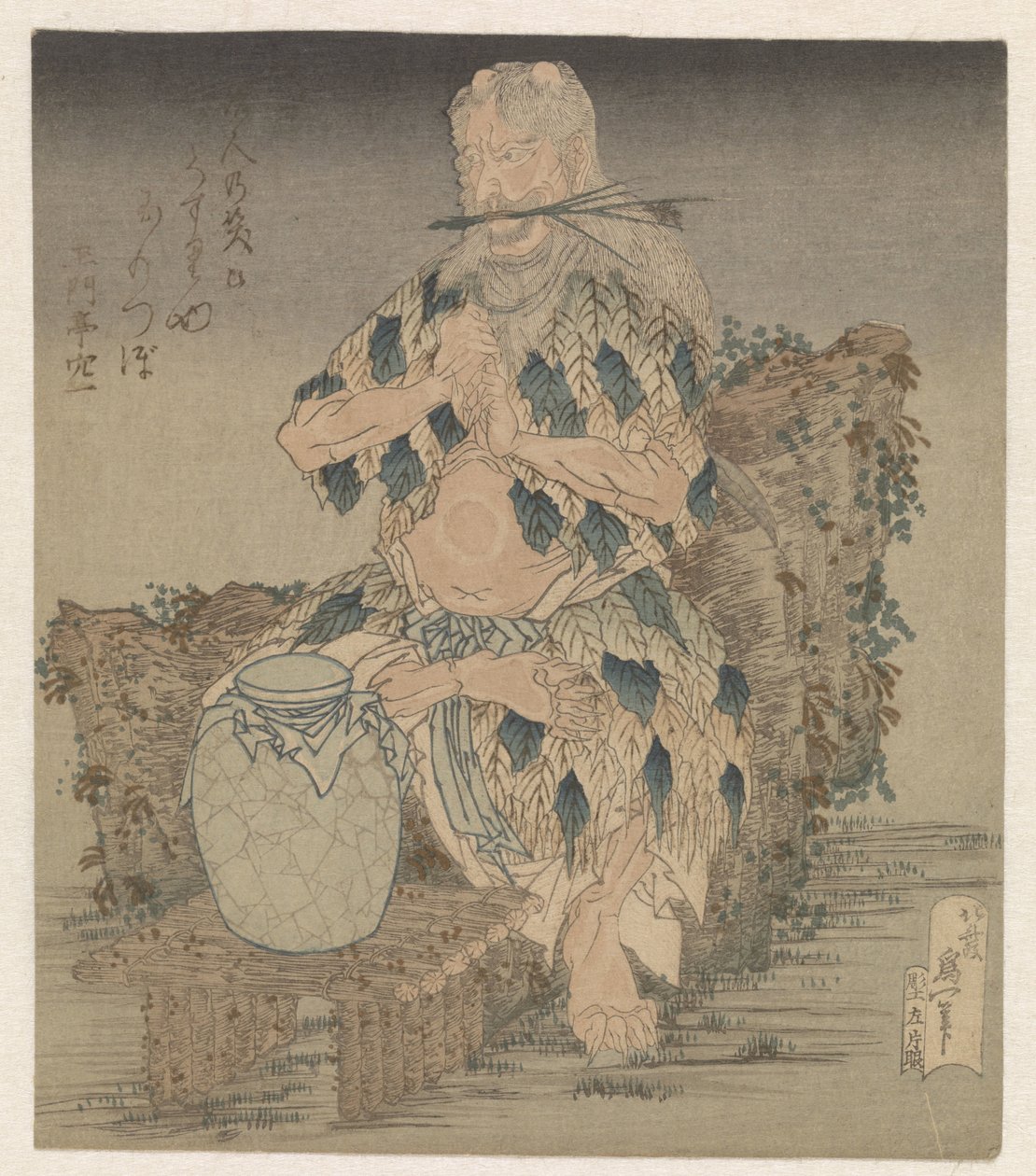 Man i en dräkt av löv av Katsushika Hokusai
