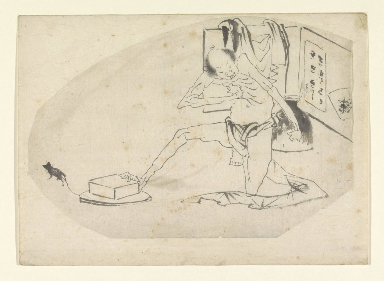 Man i ländtyg, en låda och en mus av Katsushika Hokusai