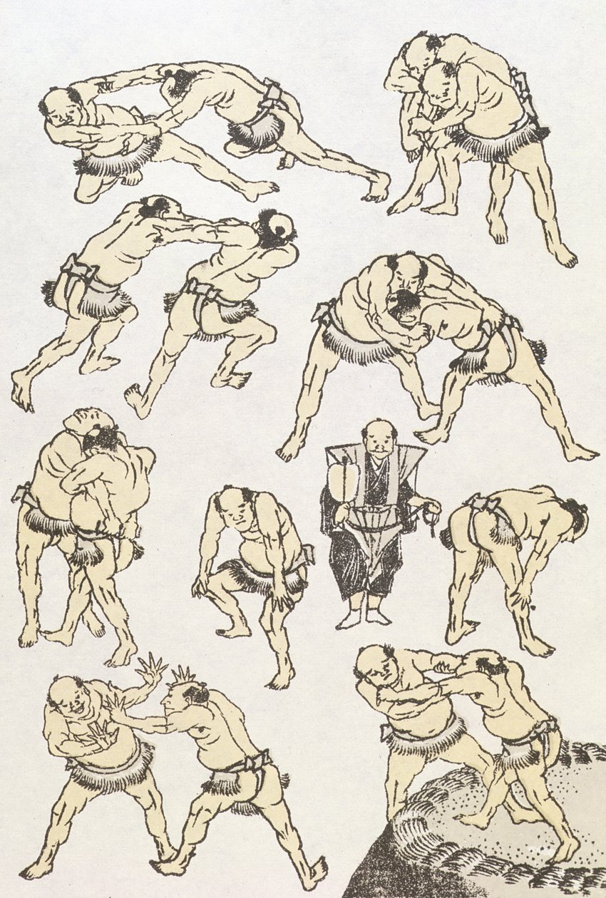 Manga: studier av brottares gester och ställningar, pub. 1849, (trätryck i färg) av Katsushika Hokusai