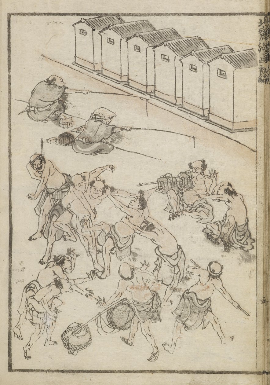 Män brottning och fiske (träblocktryck) av Katsushika Hokusai