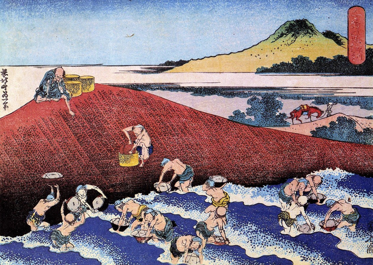 Tusen utsikter över havet, Japan: fiskare på stranden. (Skriva ut av Katsushika Hokusai