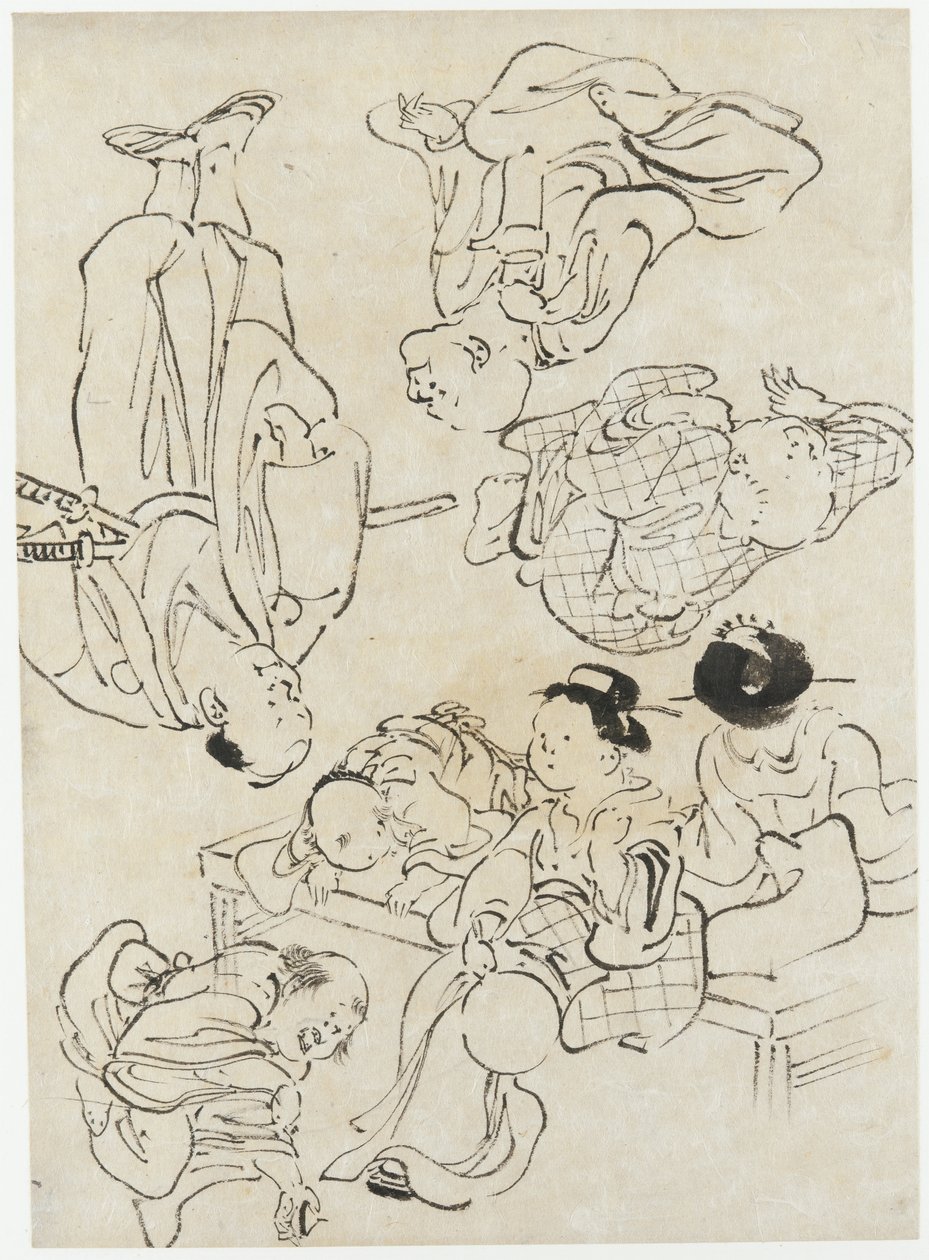 Diverse figurer: sommarnöjen, figurer som sitter på verandan och (nedre) samurajer, Edo-period (bläck på papper) av Katsushika Hokusai