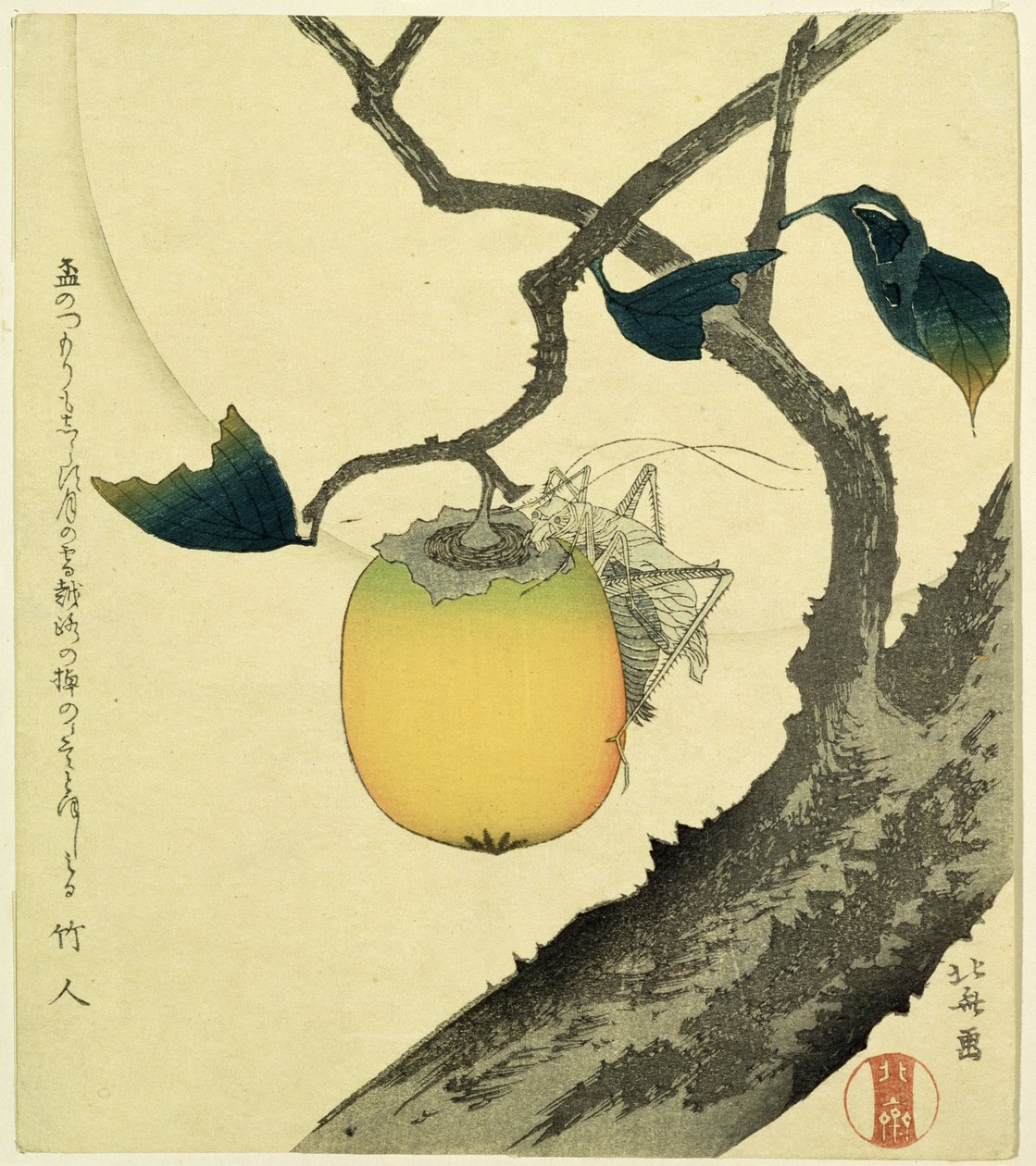 Månen, persimmon och gräshoppa, 1807 (träsnitt i färg) av Katsushika Hokusai