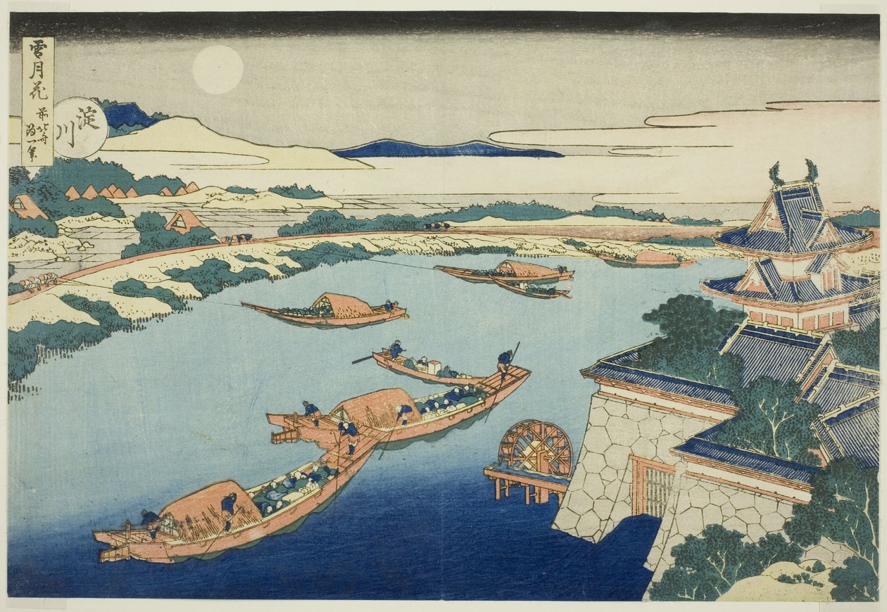 Moonlight on the Yodo River (Yodogawa), från serien "Snow, Moon and Flowers (Setsugekka)" av Katsushika Hokusai
