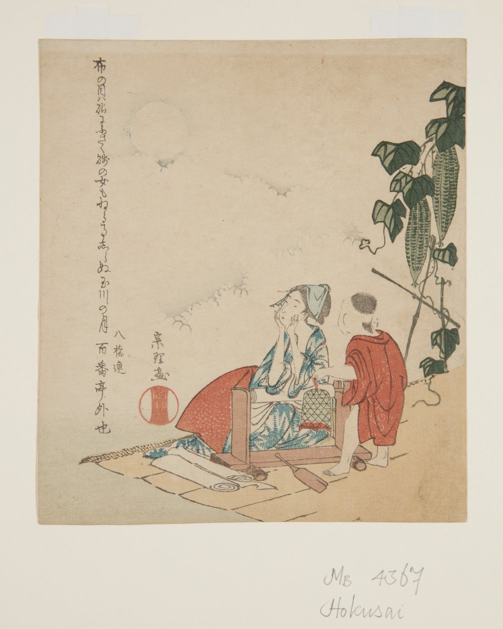 Mother and Child av Gourd Trellis i Moonlight (träblock i färg) av Katsushika Hokusai