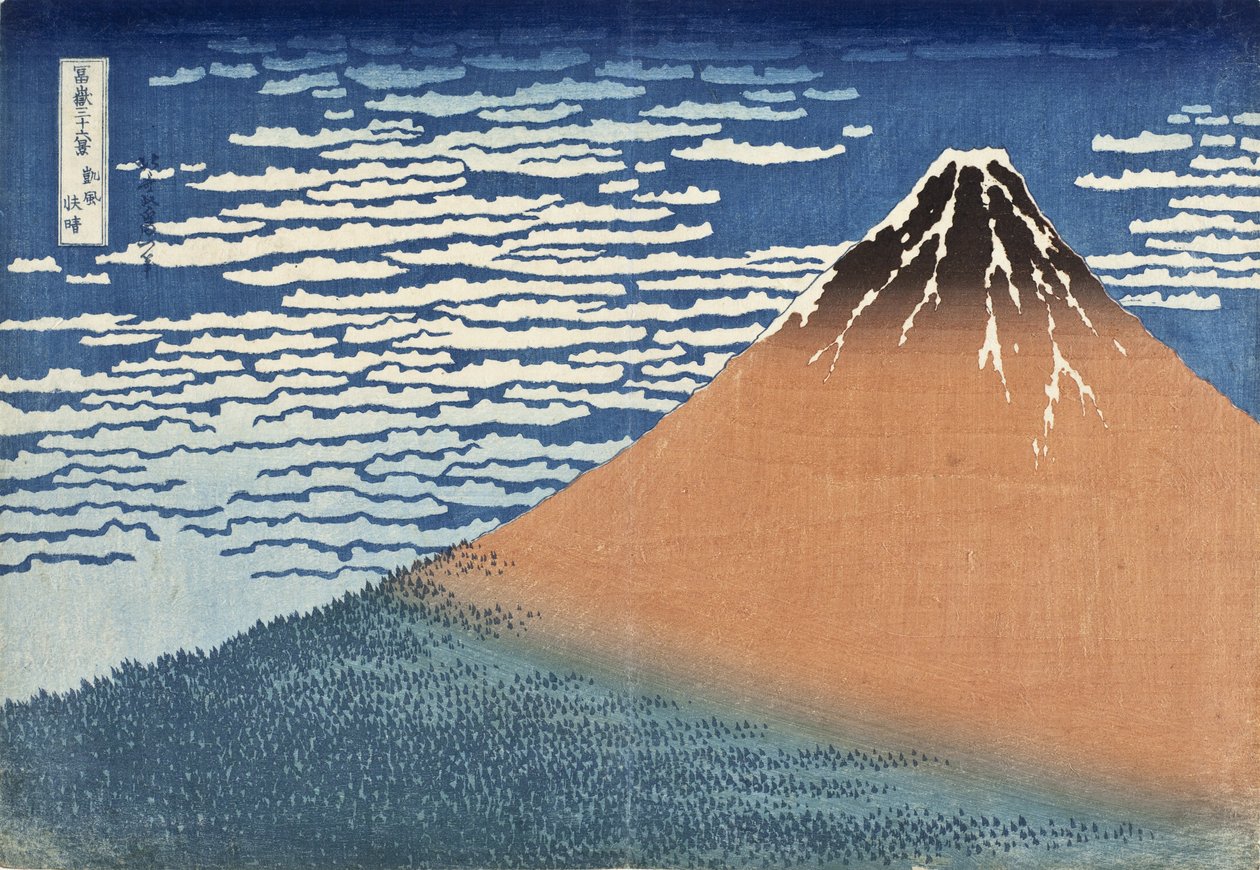 Mount Fuji i klart väder (även känd som Red Fuji), ca 1830 (träblockstryck) av Katsushika Hokusai