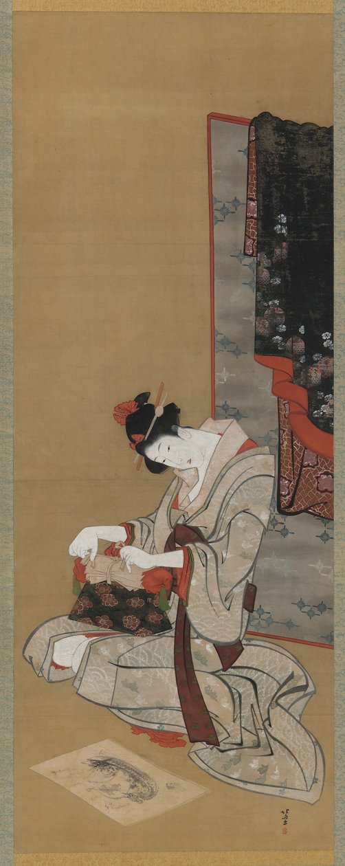 Nyårsanpassad: Smink på nyårsmorgonen, Edo-perioden, ca 1806-11 (bläck och färg på siden) av Katsushika Hokusai
