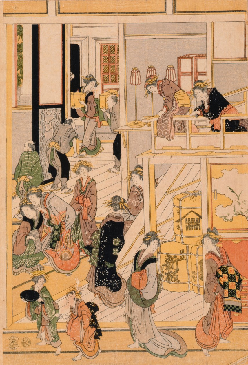 Nyårsdagen på Teahouse Ogi-ya. c.1810 (träblock i färg) (för set se 277796-277798) av Katsushika Hokusai