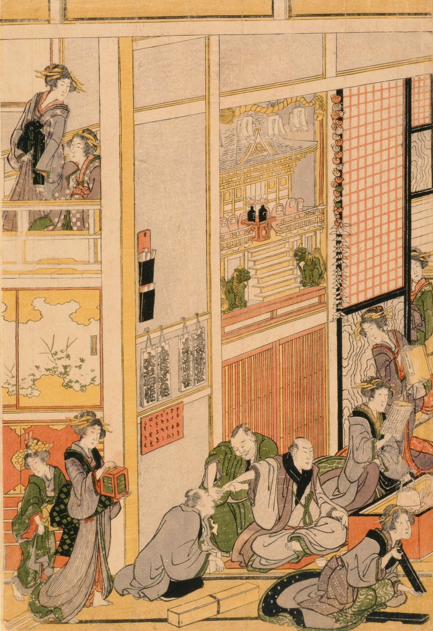 Nyårsdagen på Teahouse Ogi-ya. c.1810 (träblock i färg) (för set se 277765 & 277797-277798) av Katsushika Hokusai