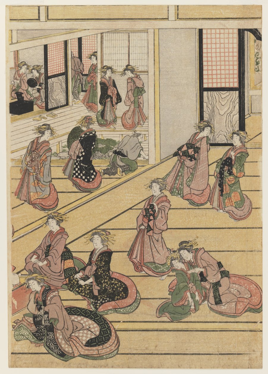 Nyårsdagar på tehuset Ogi-ya. c.1810 (träblock i färg) (för set se 277795-277797) av Katsushika Hokusai
