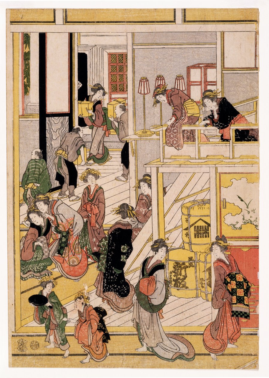 New Years Days of the Teahouse Ogi-ya, c.1810 (träblockstryck) (se även 406534, 406535 & 406536) av Katsushika Hokusai
