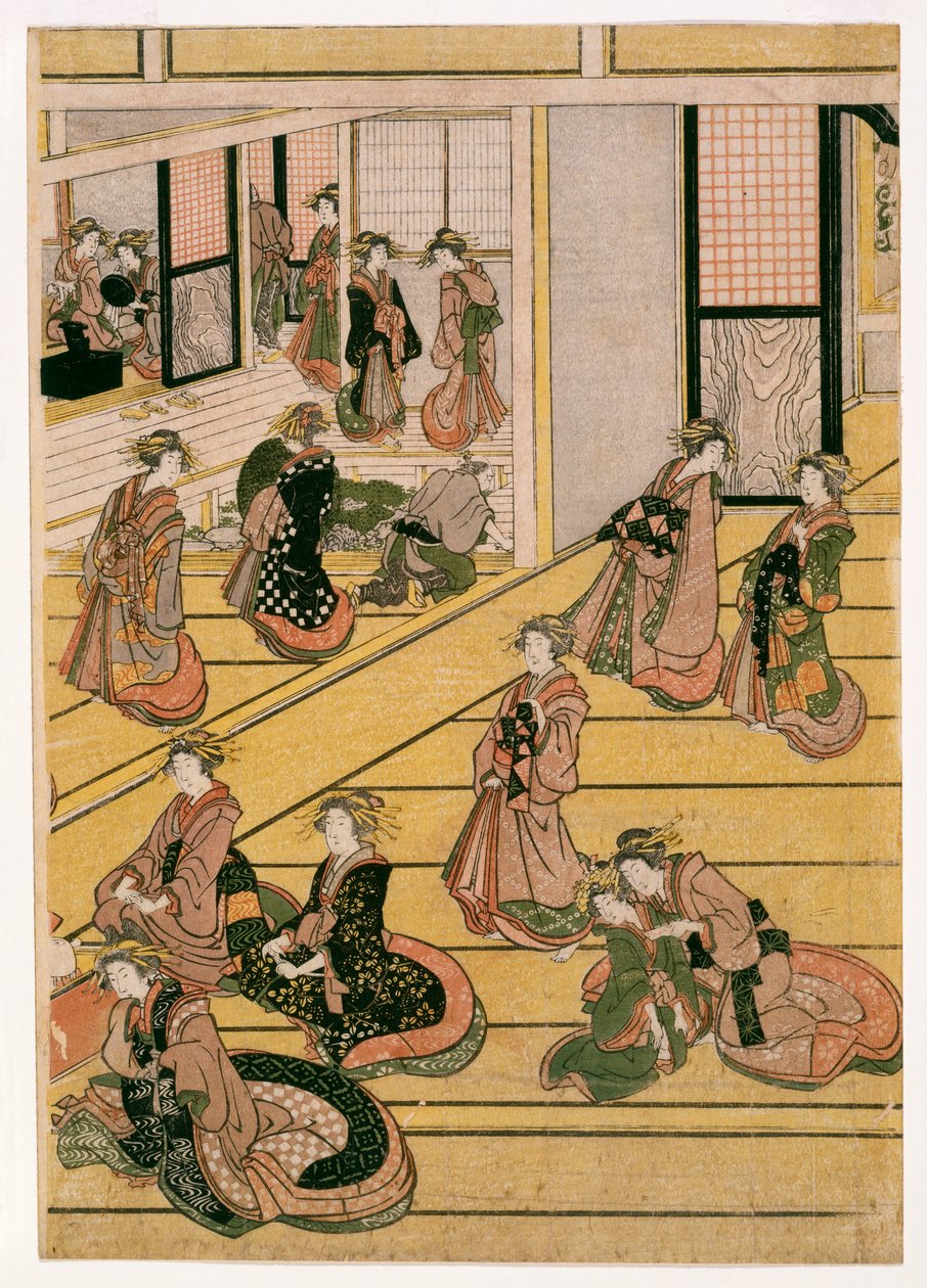 New Years Days of the Teahouse Ogi-ya, c.1810 (träblockstryck) (se även 406533, 406534 och 406535) av Katsushika Hokusai