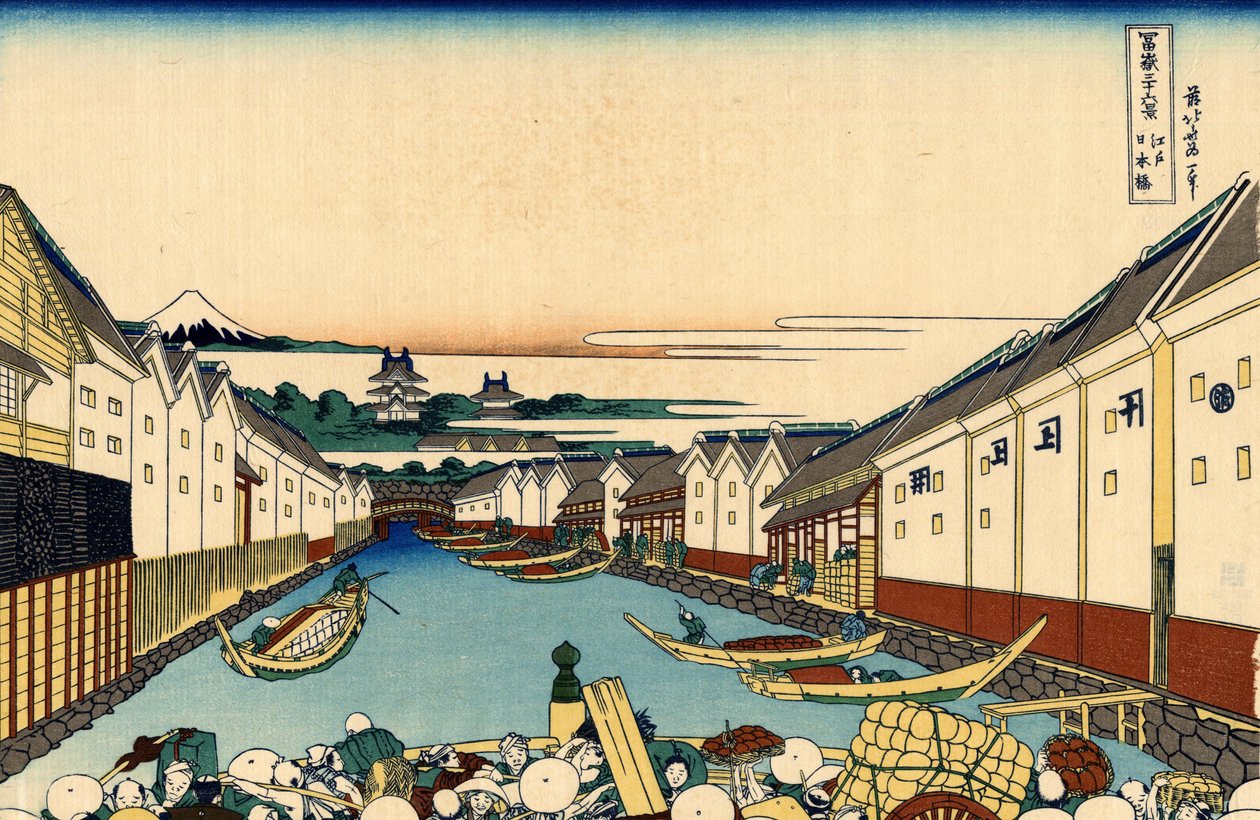 Nihonbashi-bron i Edo, ca 1830 (träblockstryck) av Katsushika Hokusai