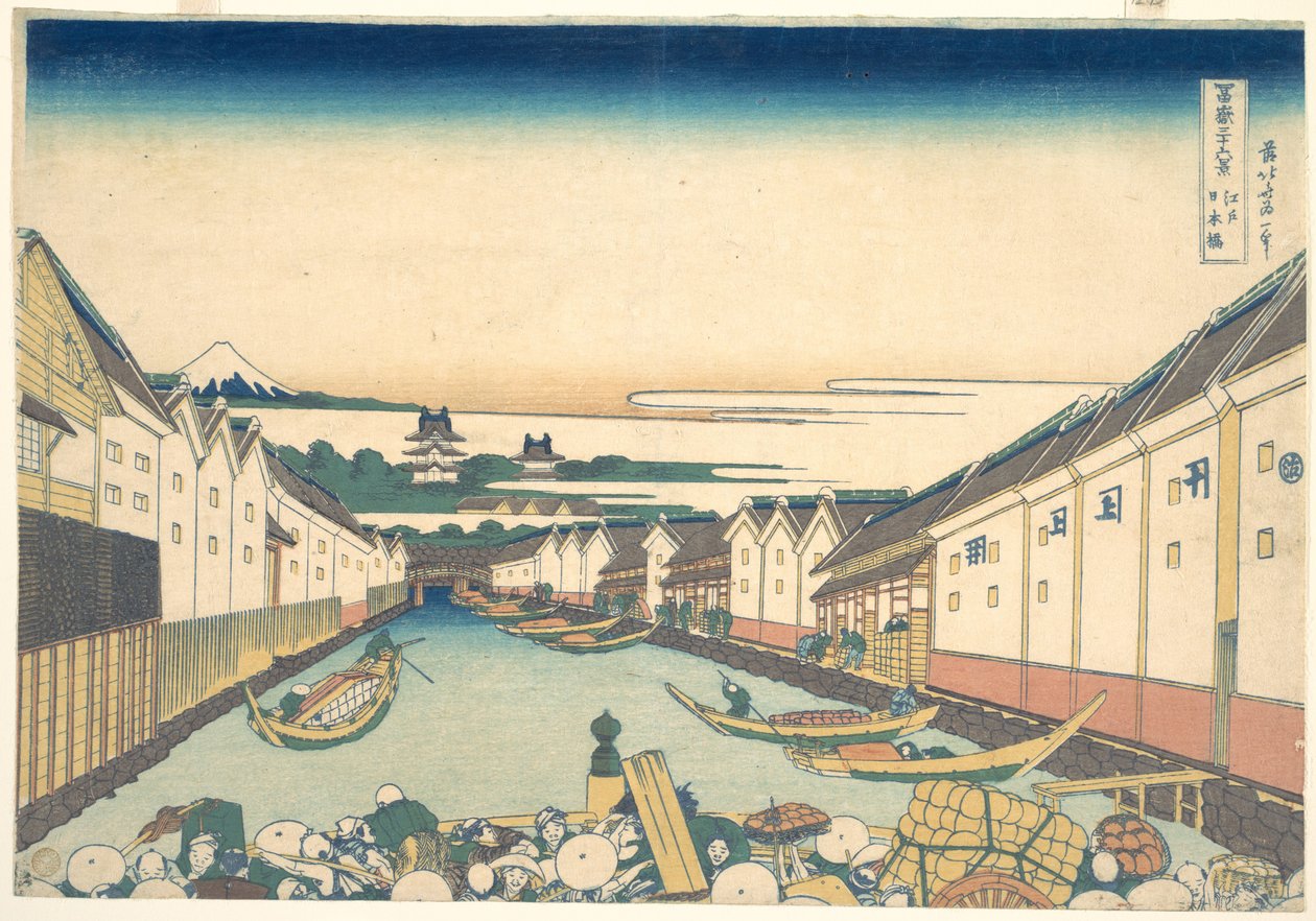 Nihonbashi i Edo (Edo Nihonbashi), ur serien ”De trettiosex vyerna av berget Fuji” (Fugaku sanjūrokkei) av Katsushika Hokusai