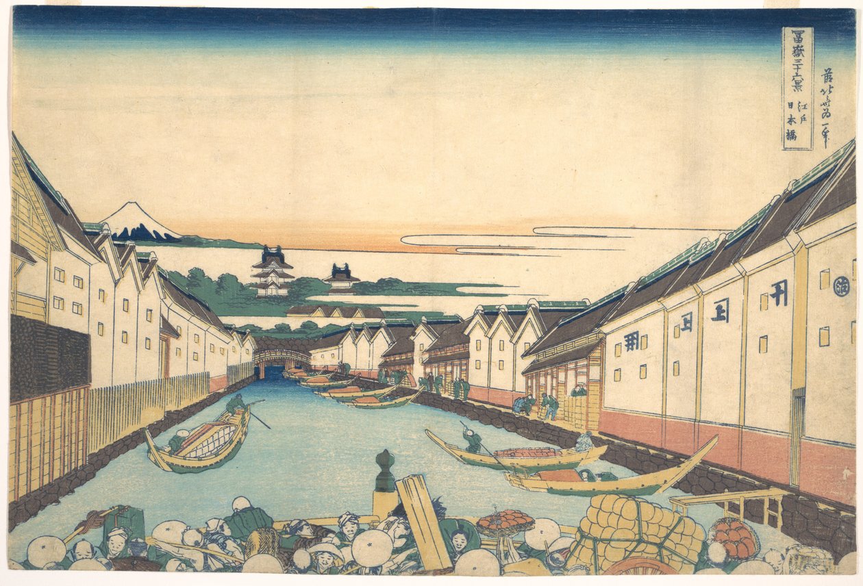 Nihonbashi i Edo (Edo Nihonbashi), ur serien ”De trettiosex vyerna av berget Fuji” (Fugaku sanjūrokkei) av Katsushika Hokusai