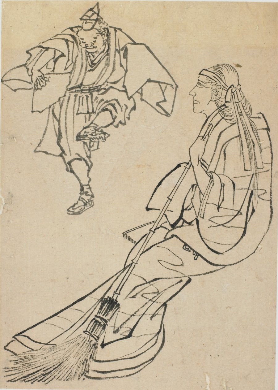 Gammal kvinna sittande på bänken framför vilken en man med fan dansar, sent 1700-tidigt 1800-tal. av Katsushika Hokusai