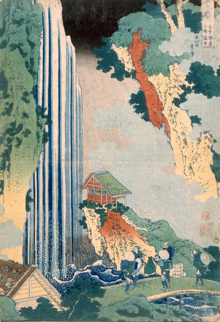 Ona vattenfall på Kisokaido, 1827 (träblock i färg) av Katsushika Hokusai