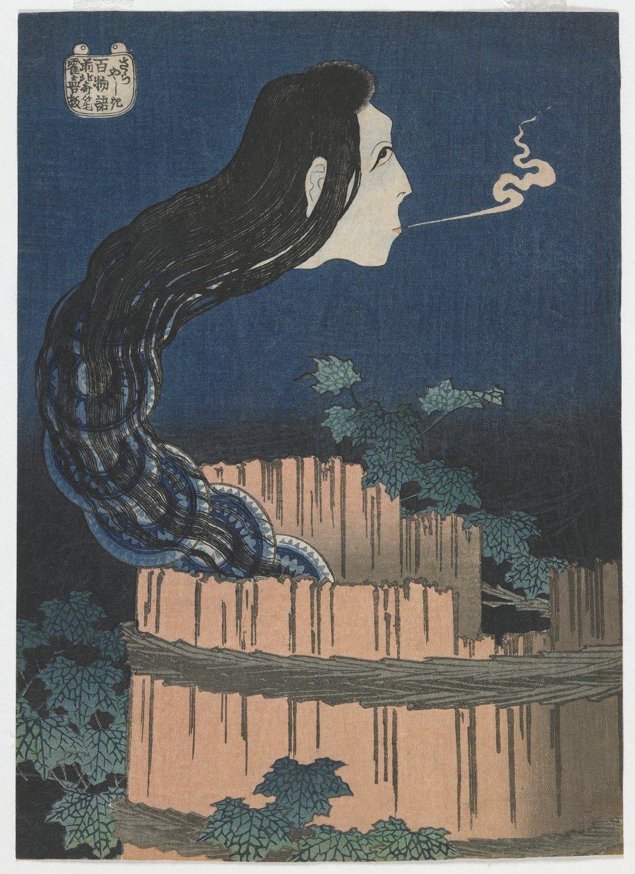One Hundred Ghost Tales: Sarayashiki, Edo period, 1831-32 (träblock i färg) av Katsushika Hokusai