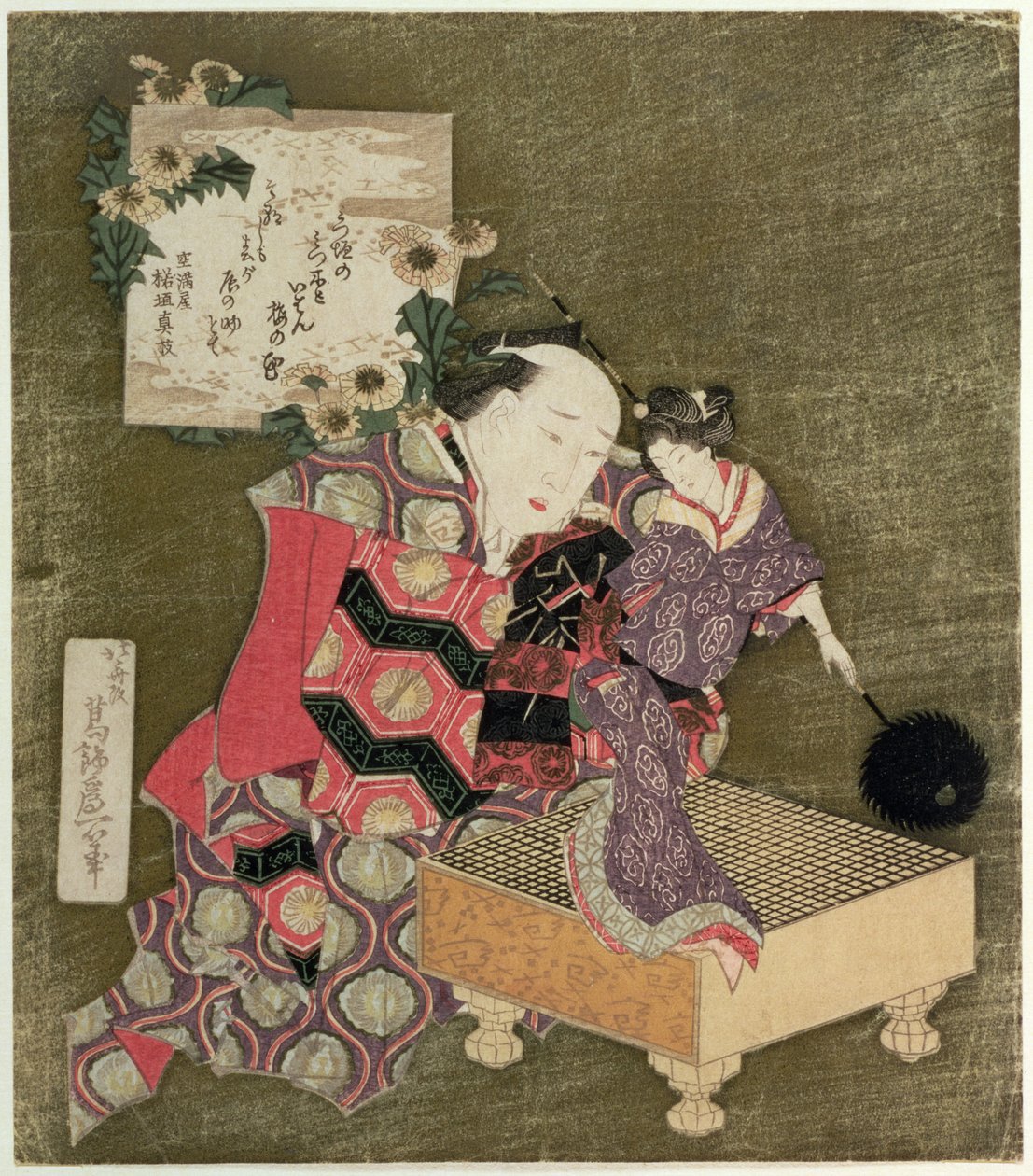 P.443-1937 En man som uppträder med en kvinnlig docka på ett bräda (träblockstryck) av Katsushika Hokusai