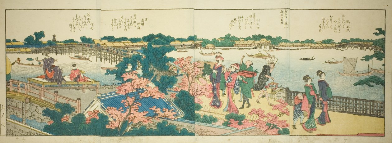 Sidor från den illustrerade boken "Panoramautsikt längs stranden av Sumidafloden (Ehon Sumidagawa ryogan ichiran)" av Katsushika Hokusai