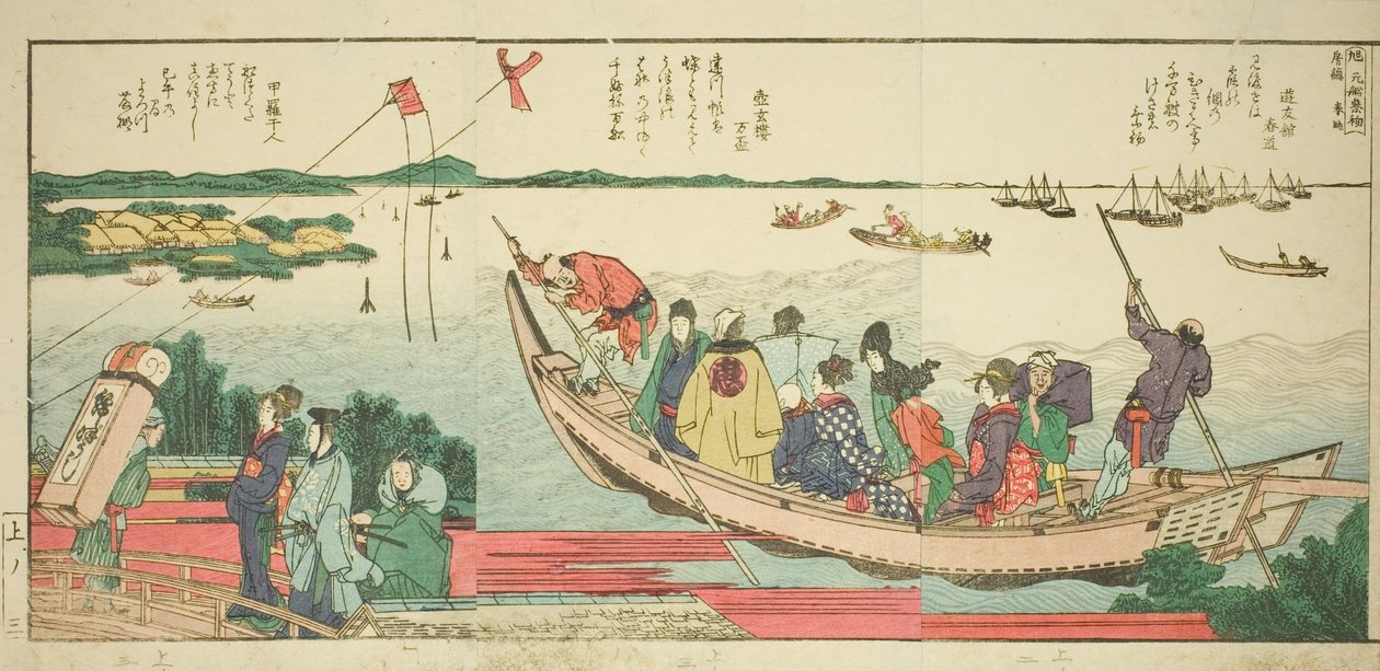 Sidor från den illustrerade boken "Panoramautsikt längs stranden av Sumidafloden (Ehon Sumidagawa ryogan ichiran)" av Katsushika Hokusai