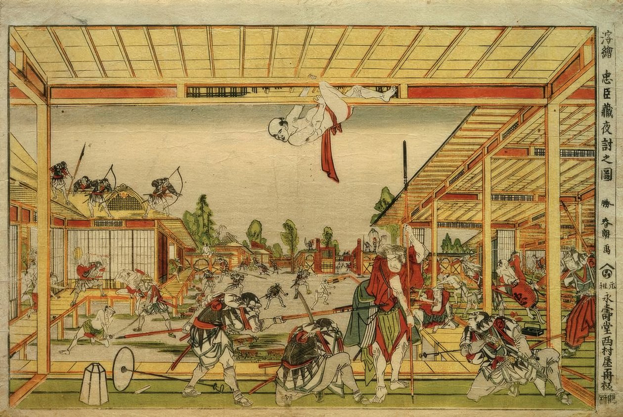 Perspektivbild av nattattacken av de 47 lojala vasallerna av Katsushika Hokusai