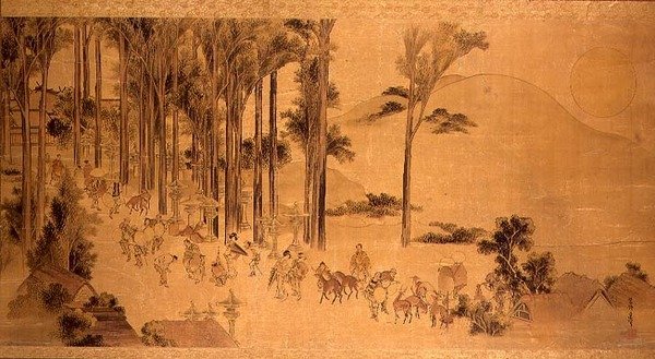 Pilgrimer vid Kasuga Shrine (måla på siden) av Katsushika Hokusai