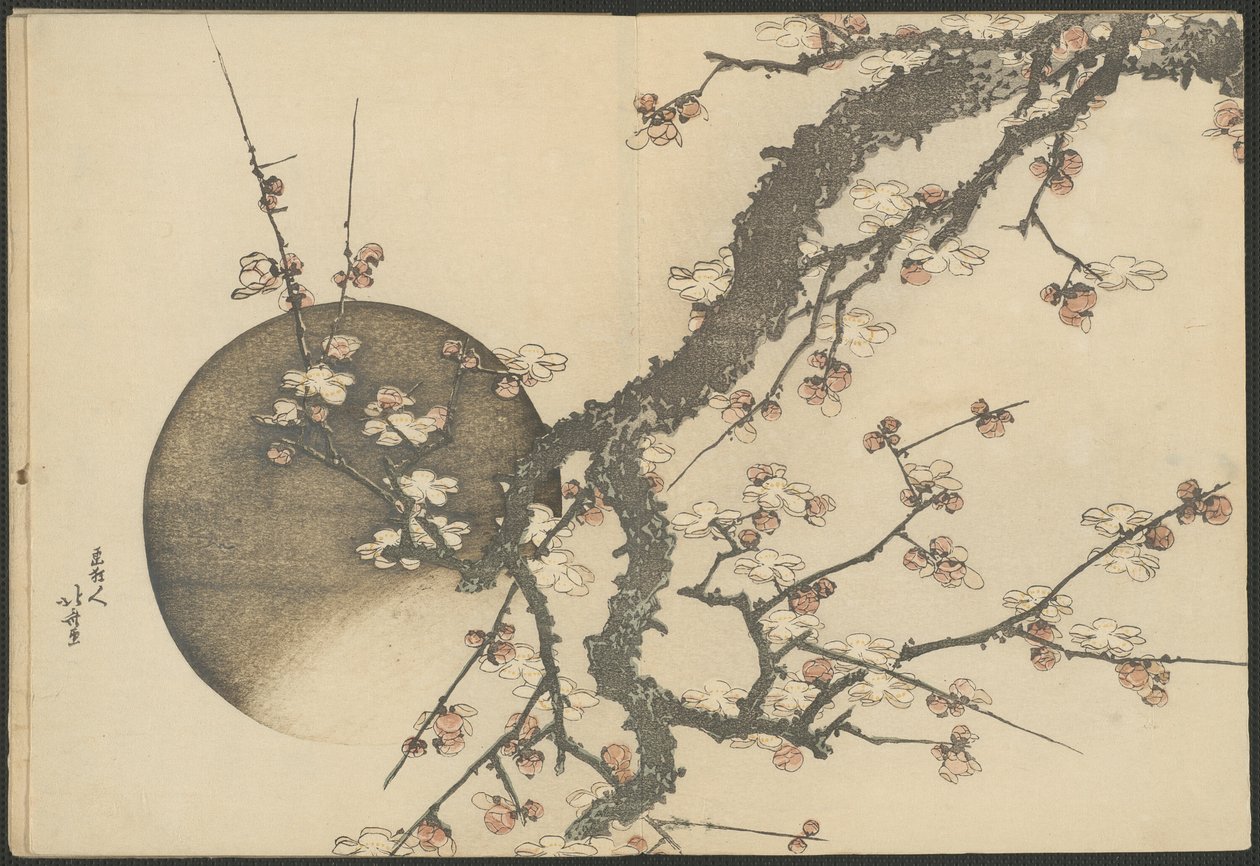 Plommonblom och måne från boken Mount Fuji in Spring (Haru no Fuji) av Katsushika Hokusai