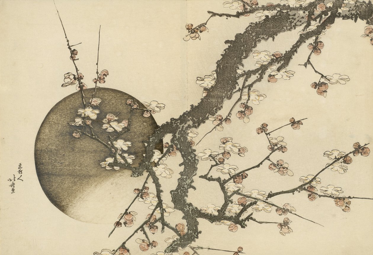 Plum Blossom and the Moon från boken Mount Fuji in Spring av Katsushika Hokusai