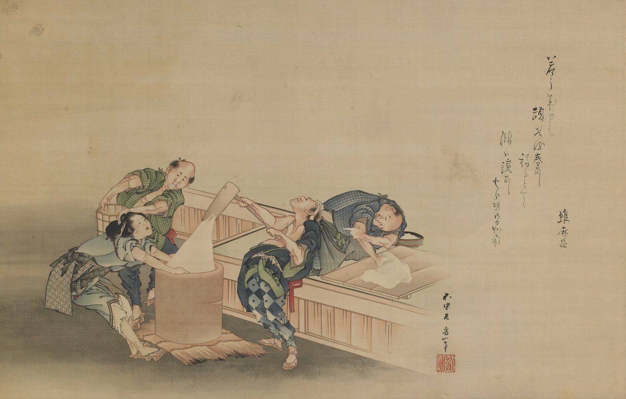 Pounding Rice for Mochi, inskrivet av Momomoto Hinamaro, Edo-period, ca 1822 (bläck och färg på siden monterad som hängande rulle) av Katsushika Hokusai