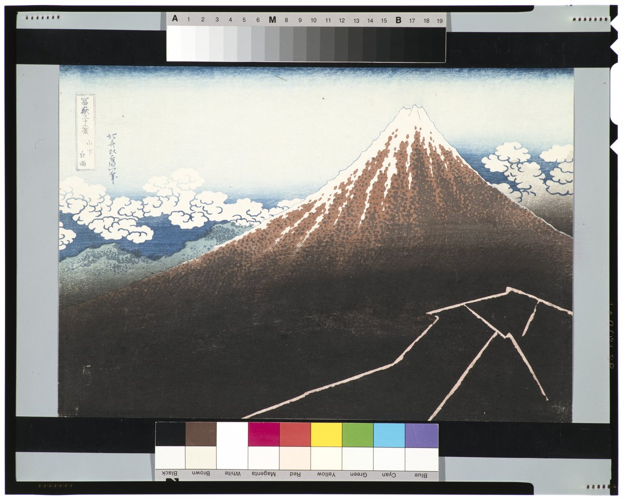 Regnstorm Beneath the Summit, ca 1831-34 (träkloss) av Katsushika Hokusai