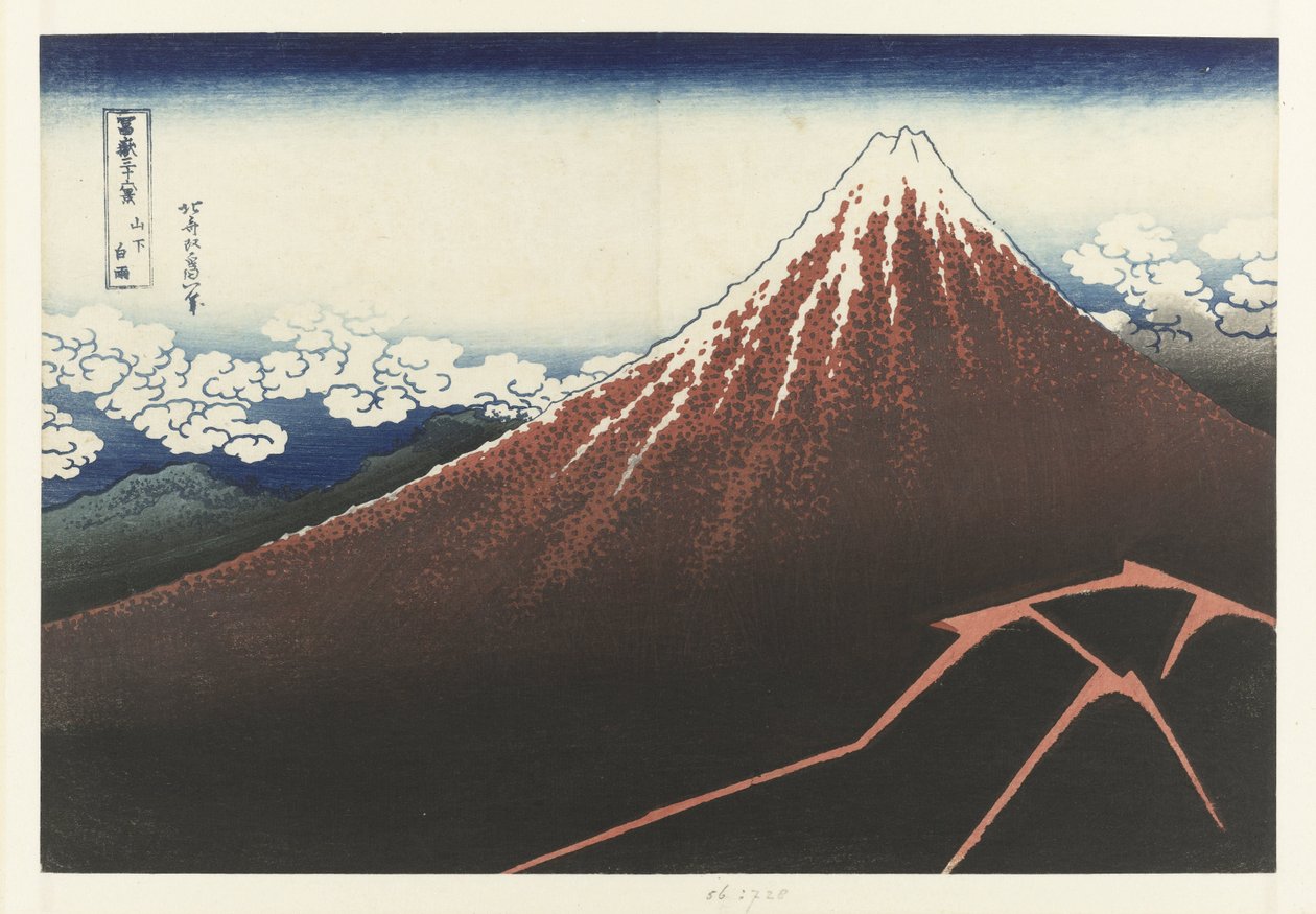 Regnstorm vid foten av berget Röd Fuji Sanka hakuu (titel på objekt) 36 vyer av berget Fuji (serietitel) Fugaku sanjurokkei (serietitel på objekt) av Katsushika Hokusai