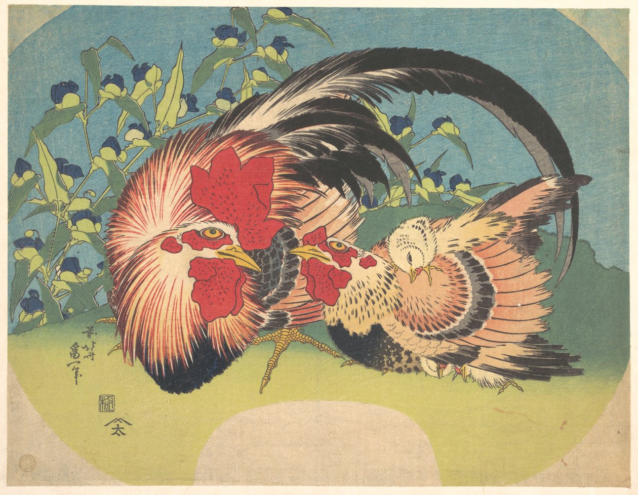 Tupp, höna och kyckling med spindelört av Katsushika Hokusai