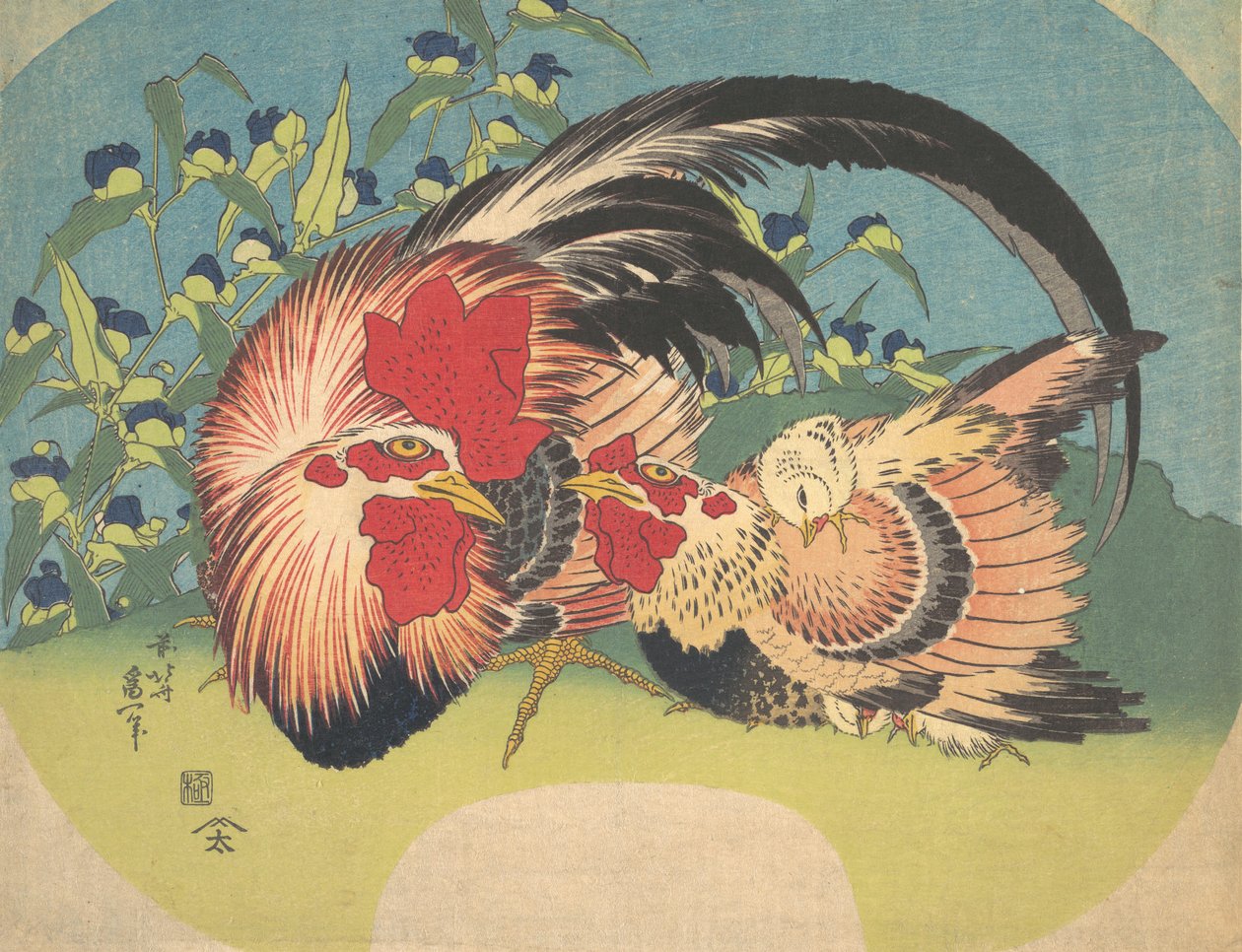 Tupp, höna och kyckling med spindelört, ca. 1830-33. av Katsushika Hokusai