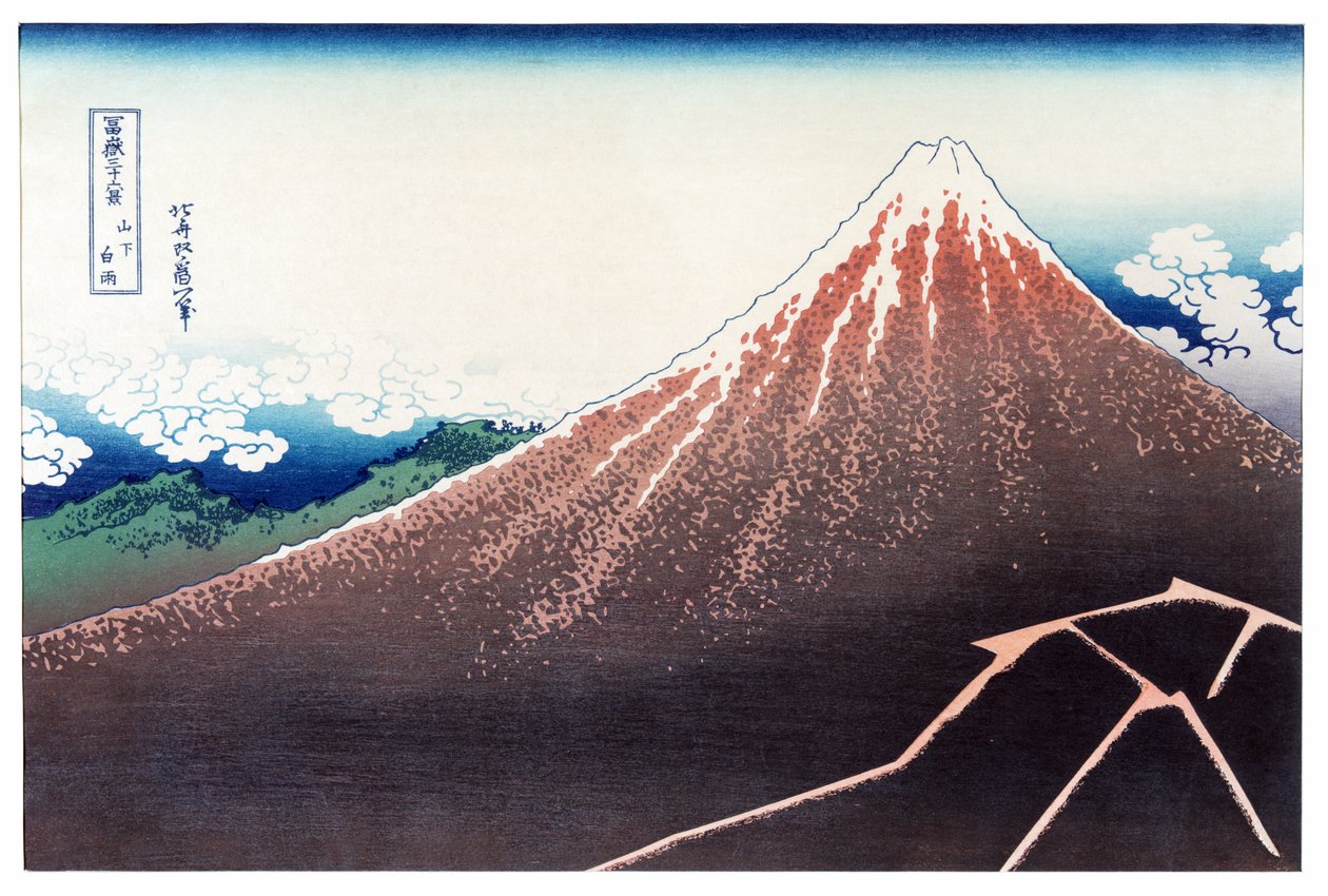 Sanka Haku från 36 vyer av Fuji, publicerad omkring 1890 (färgat träsnitt) av Katsushika Hokusai