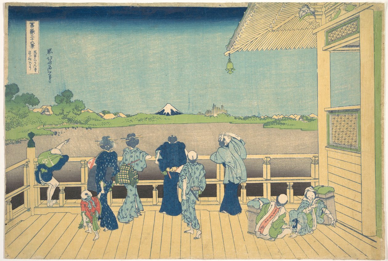 Sazai-hallen vid De femhundra arhaternas tempel (Gohyaku Rakanji Sazaidō), ur serien ”Trettiosex vyer över berget Fuji” (Fugaku sanjūrokkei) av Katsushika Hokusai