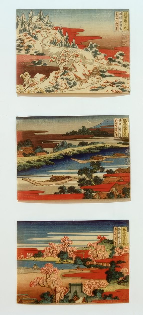 Snö, måne och blommor i vackra landskap av Katsushika Hokusai