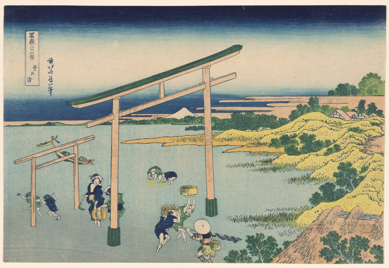 Seashore at Nobutoura (Nobutoura), från serien "Thirty-six Views of Mount Fuji (Fugaku sanjurokkei)" av Katsushika Hokusai
