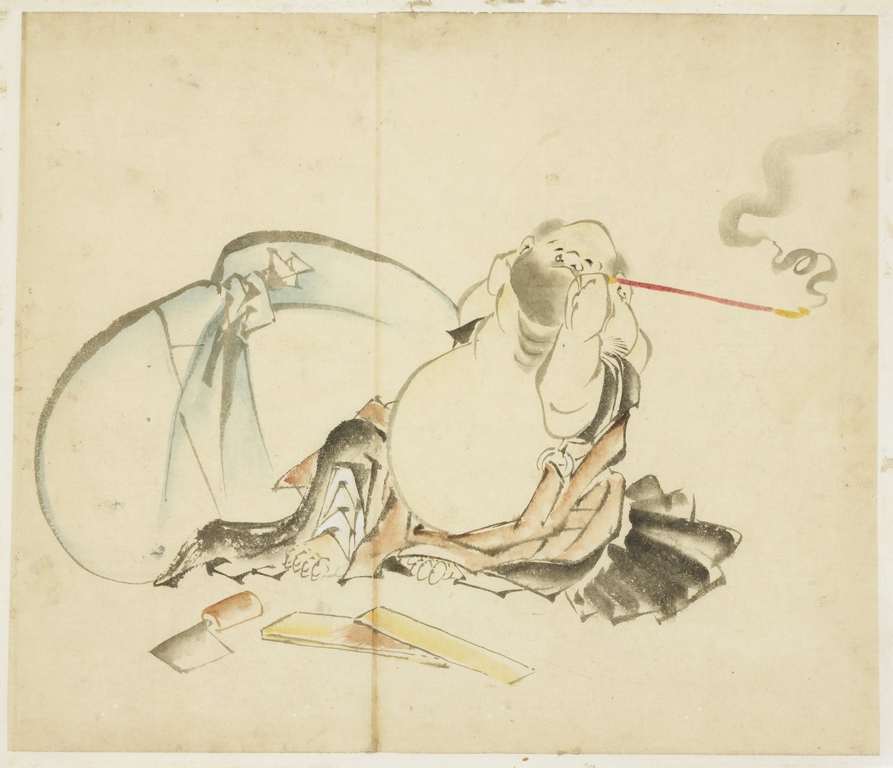 Sittande Hotei Smoking a Pipe, ca. 1815-1849 (bläck och färg på papper) av Katsushika Hokusai