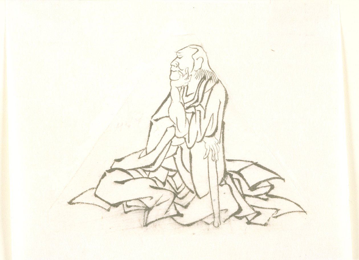 Sittande gammal man som stöder sig på en käpp av Katsushika Hokusai