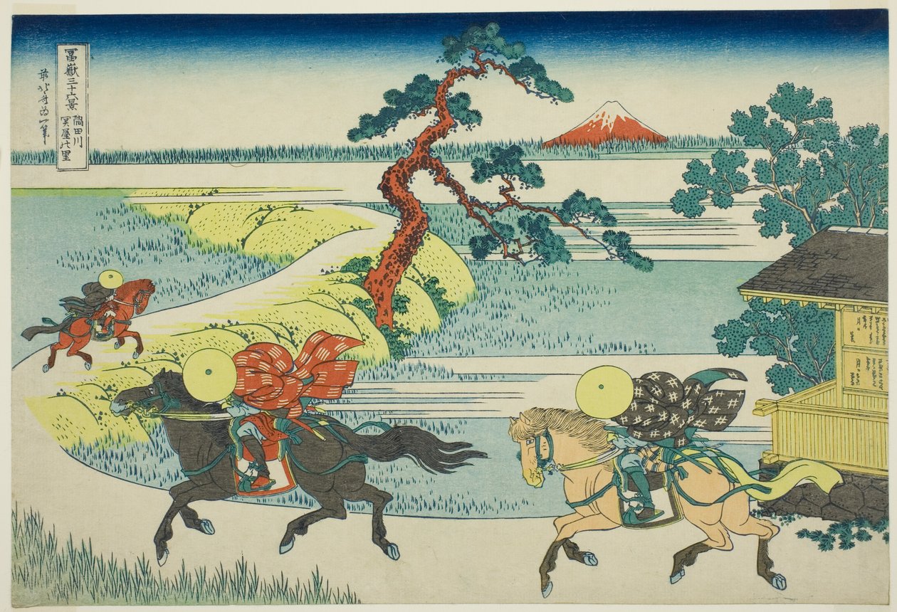 Sekiya Village vid Sumidafloden (Sumidagawa Sekiya no sato), från serien Thirty-Six Views of Mount Fuji (Fugaku sanjūrokkei) av Katsushika Hokusai