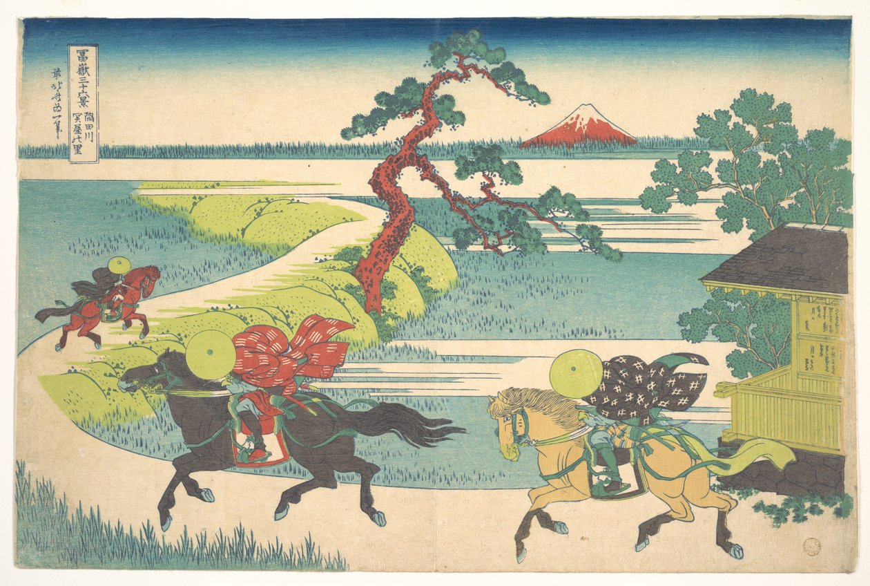 Byn Sekiya vid floden Sumida (Sumidagawa Sekiya no sato), ur serien ”De trettiosex vyerna av berget Fuji” (Fugaku sanjūrokkei) av Katsushika Hokusai