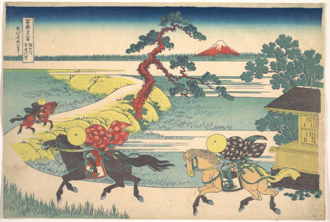 Byn Sekiya vid floden Sumida (Sumidagawa Sekiya no sato), ur serien ”De trettiosex vyerna av berget Fuji” (Fugaku sanjūrokkei) av Katsushika Hokusai